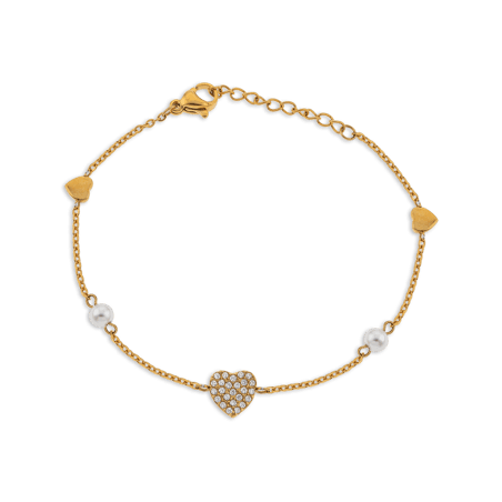 Bracelet Acier Jaune Perle Fantaisie et Cœur Zirconium 